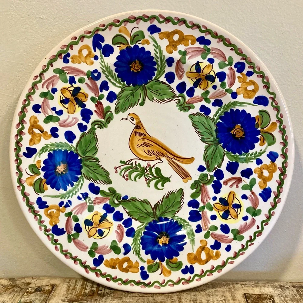 Majolica Wall Hanging 12 1/4” Bird & Flowers Hand Painted El Caballo Cojo Madrid